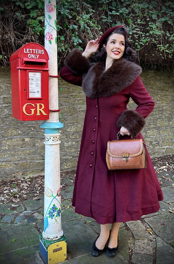 Burgundy Faux Fur Collar Swing Coat image 1