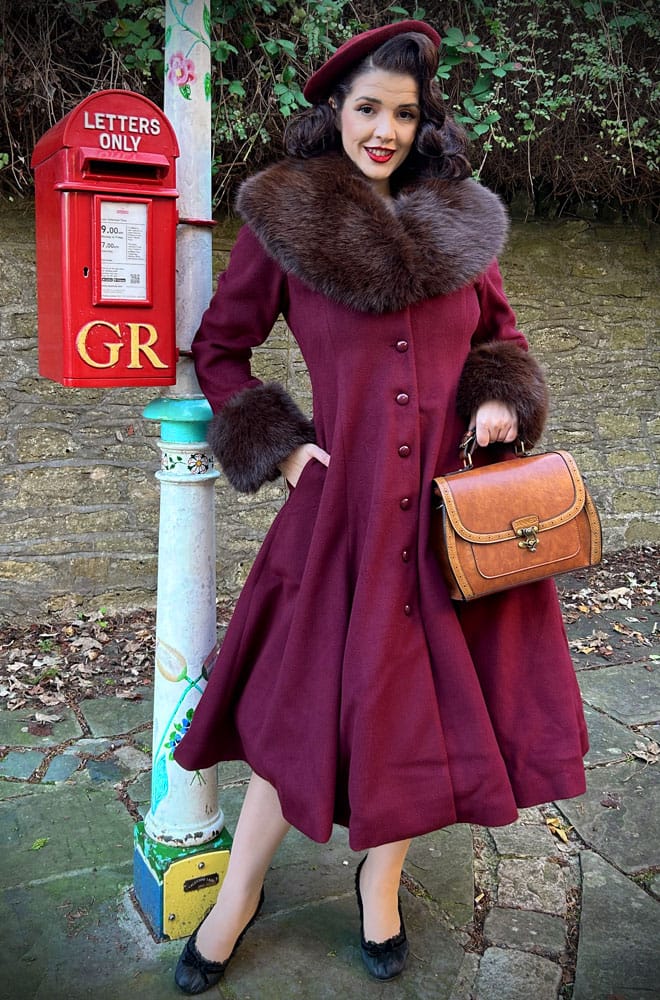 Burgundy Faux Fur Collar Swing Coat image 0