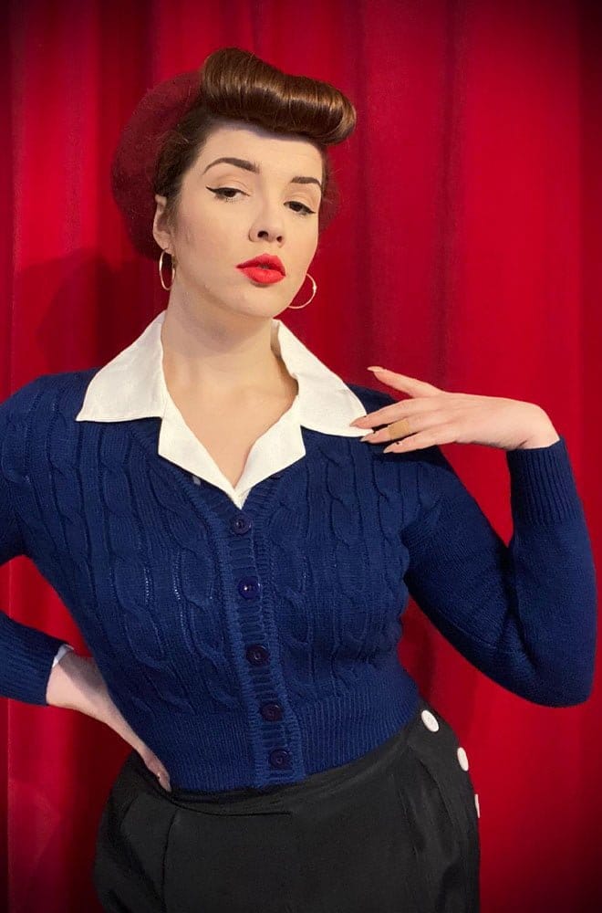 Navy 40s Cable Knit Cardigan image 2