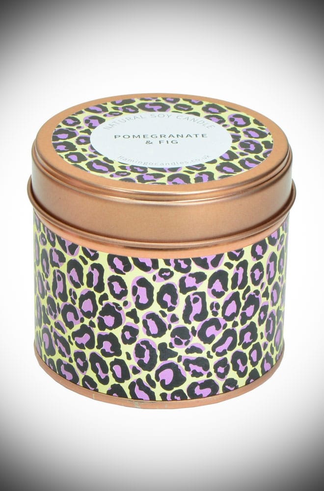 Pomegranate & White Fig Leopard Print Tin Candle image 0