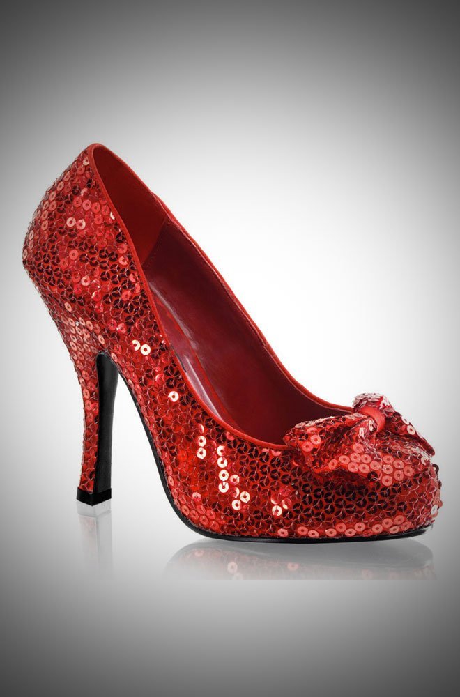 Pinup Dorothy Ruby Shoes in Red Sequins - vintage style shoes with a bow over the toe at Deadly is the Female