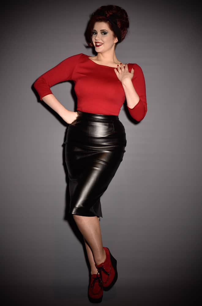 Deadly Dames Deadly Curves Skirt in black faux leather for femme fatale pinups at Deadly is the Female