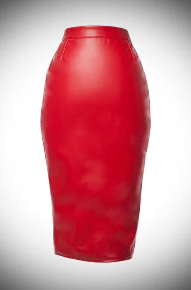 Deadly Dames Deadly Curves Skirt in red faux leather for femme fatale pinups at Deadly is the Female