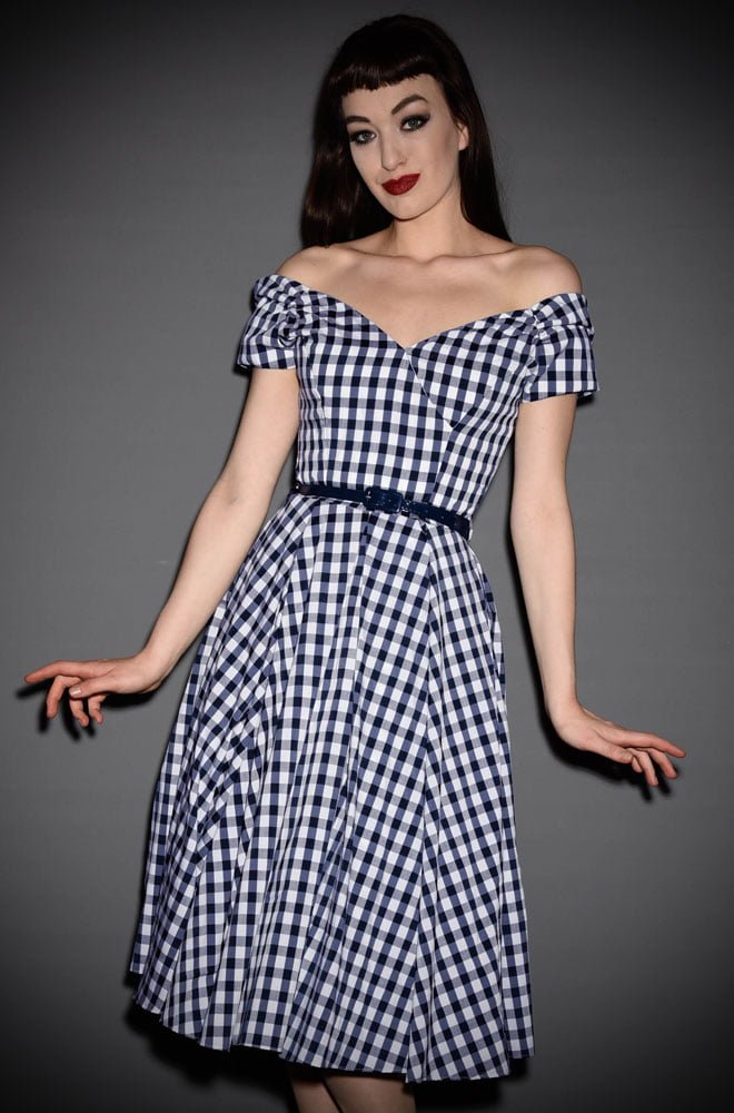 Fatale 50's style Prom Dress in navy & white oversized gingham by The Pretty Dress Company at Deadly is the Female. Perfect for Pinups & vintage lovers.