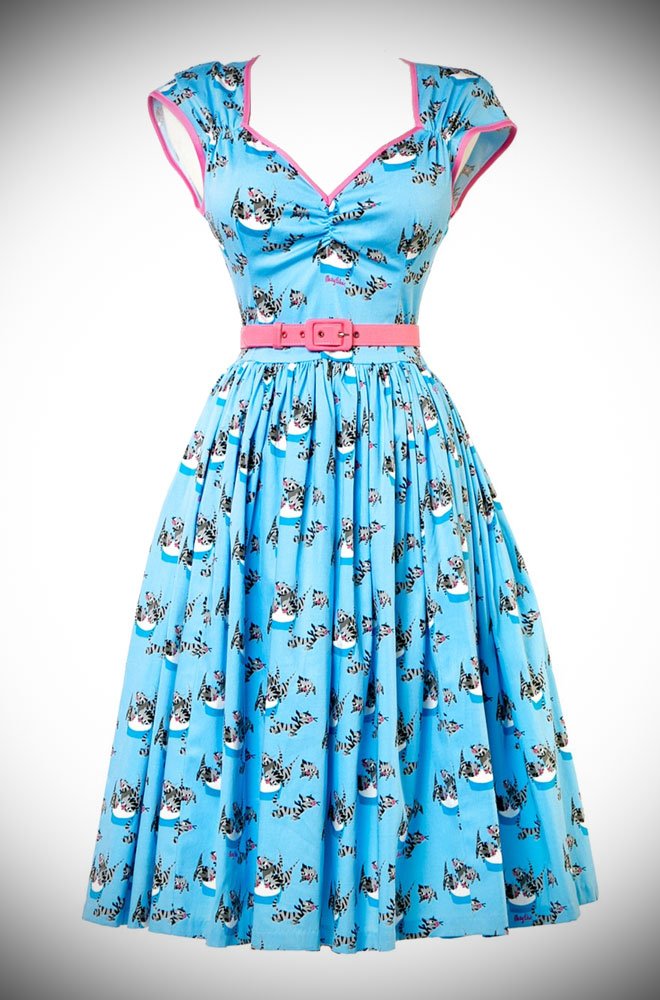 Introducing the limited edition Magic of Mary Blair Cat Print Heidi Dress in Grey & Blue. Deadly is the Female are proud UK stockists of Pinup Couture, a Pinup Girl Clothing Housebrand
