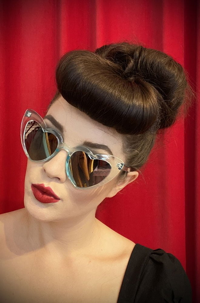 Vintage style Aqua Amore Sunglasses at Deadly is the Female. Effortlessly add some kitsch glamour with these heart shaped sunglasses!