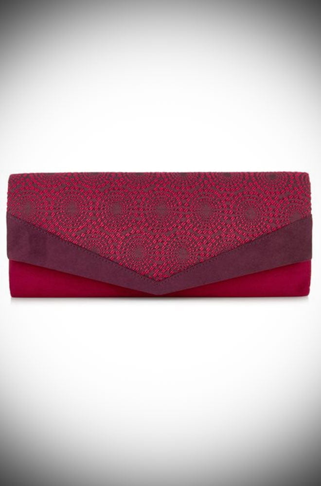 The Prague Bag is a elegant red and burgundy clutch with striking jacquard trim by Ruby Shoo at Deadly is the Female.