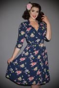 The Loretta Wrap Dress is a classic 1940's wrap dress with 3/4 length sleeves in a striking navy floral print at Deadly is the Female.