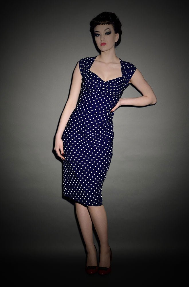 Navy and White Polka Dot Love Dress at Stop Staring UK stockist Deadly is the Female. A classic wiggle dress that is as timeless as it is striking.