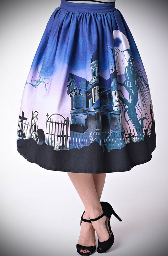 Blending spooky and chic, the Unique Vintage Limited Edition 50's Haunted Mansion Skirt has arrived, just in time for Halloween, at Deadly is the Female
