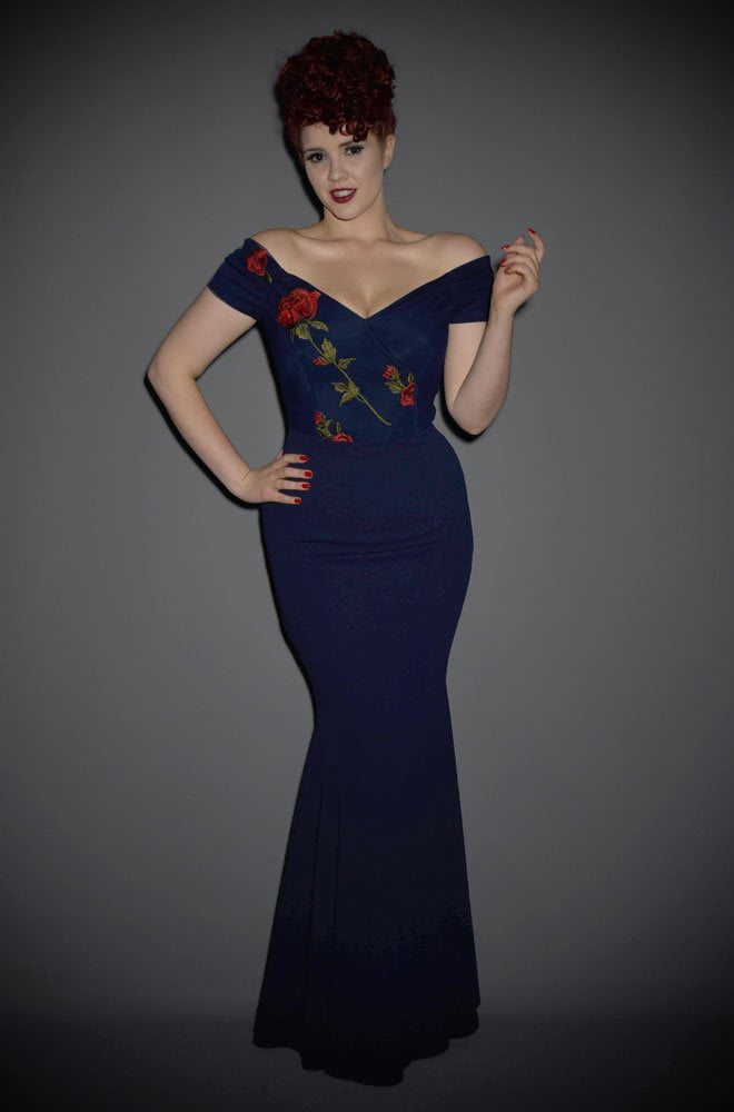 Fatale Embroidered Fishtail Gown - a 1950's Hollywood Glamour gown at Deadly is the Female by The Pretty Dress Company. Perfect for balls & parties.