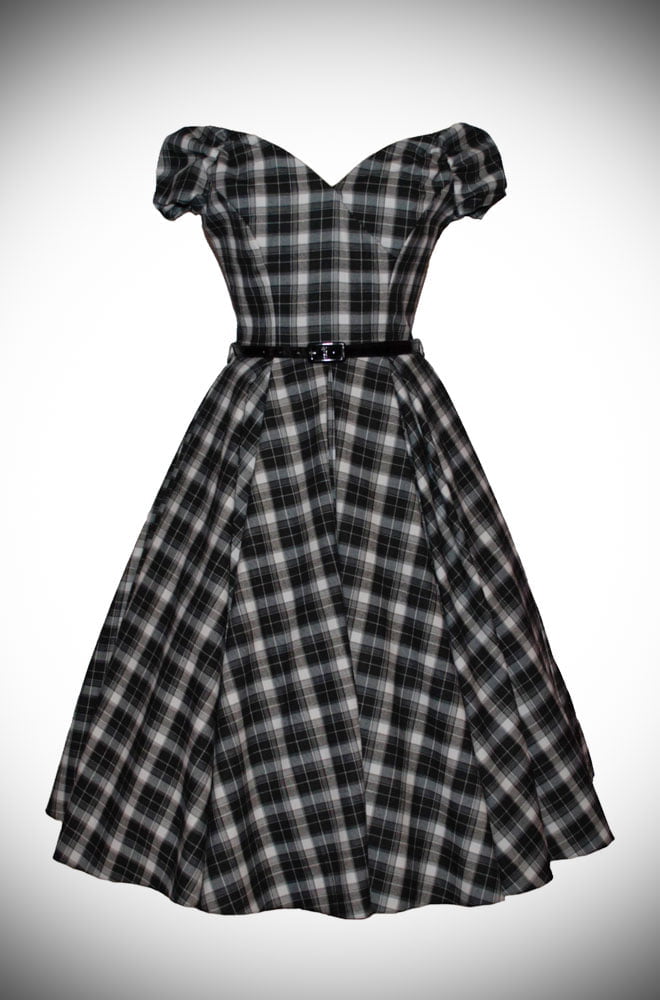 Blending femme fatale with a 50's silhouette - introducing the Black and White Tartan Fatale Prom dress. Deadly is the Female are stockists of The Pretty Dress Company.