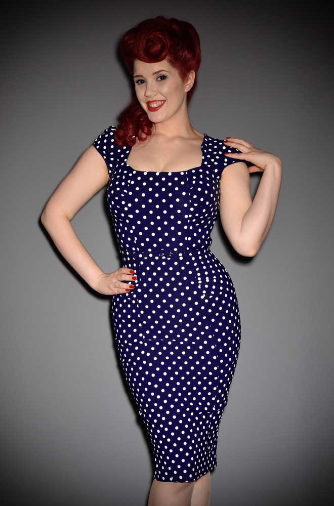 The Stop Staring! Celebrity Dress in navy & white polka dots is understated glamour at it's best. DeadlyistheFemale.com are UK stockists of Stop Staring!