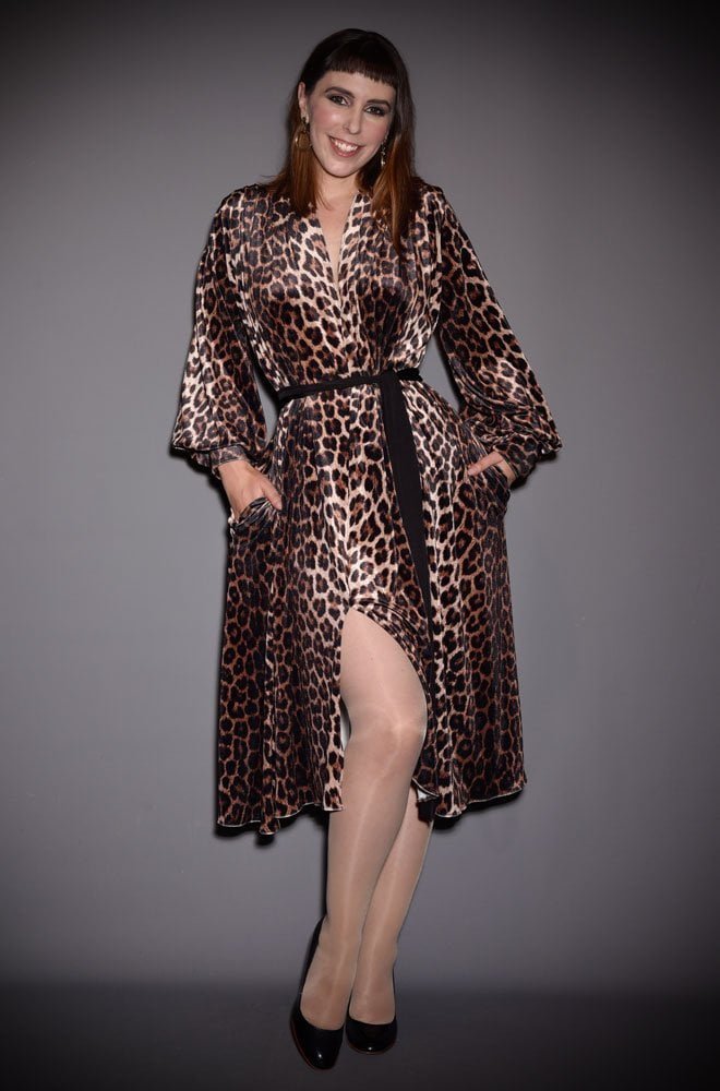 The Leopard Velvet Claudia Dress is a draped stretch velvet dress with black sash waist & bishop sleeves by Alexandra King for Deadly is the Female.