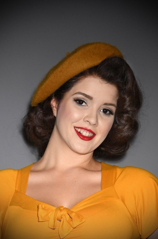 Mustard Film Noir Beret. The perfect go-to for a bad hair day but also a stylish finishing touch to any outfit. Availbale now at DeadlyistheFemale.com