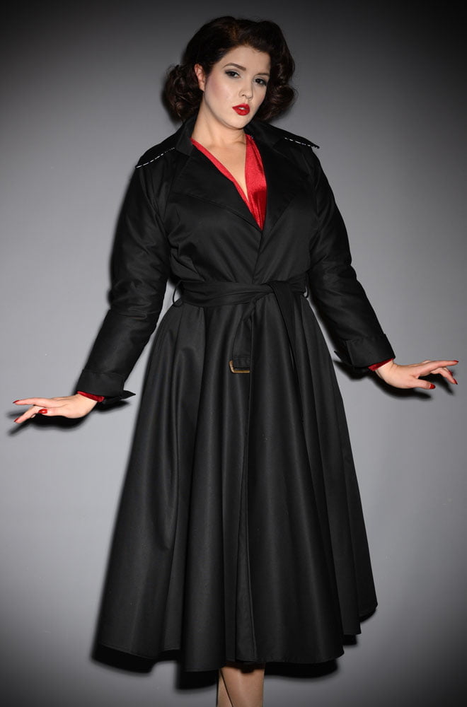Black Alexandra Trench Coat - 40s style coat, perfect for Femme Fatales. A signature piece for the Alexandra King for Deadly is the Female Collection.