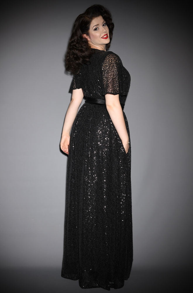 Black Sequin Claudia Gown - a draped sequin evening dress with sash waist & flutter sleeves. A signature piece by Alexandra King for Deadly is the Female.