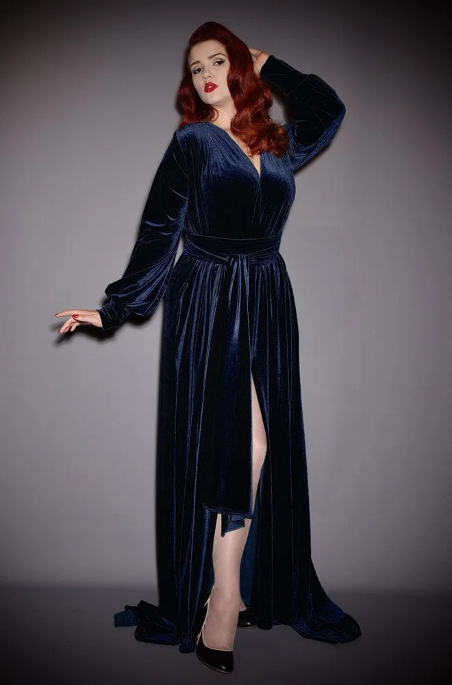 Navy Velvet Claudia Gown - a draped jersey evening dress with sash waist & bishop sleeves. A signature piece by Alexandra King for Deadly is the Female.
