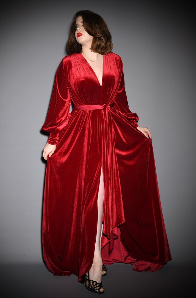 Red Velvet Claudia Gown - a draped jersey evening dress with sash waist & bishop sleeves. A signature piece by Alexandra King for Deadly is the Female.