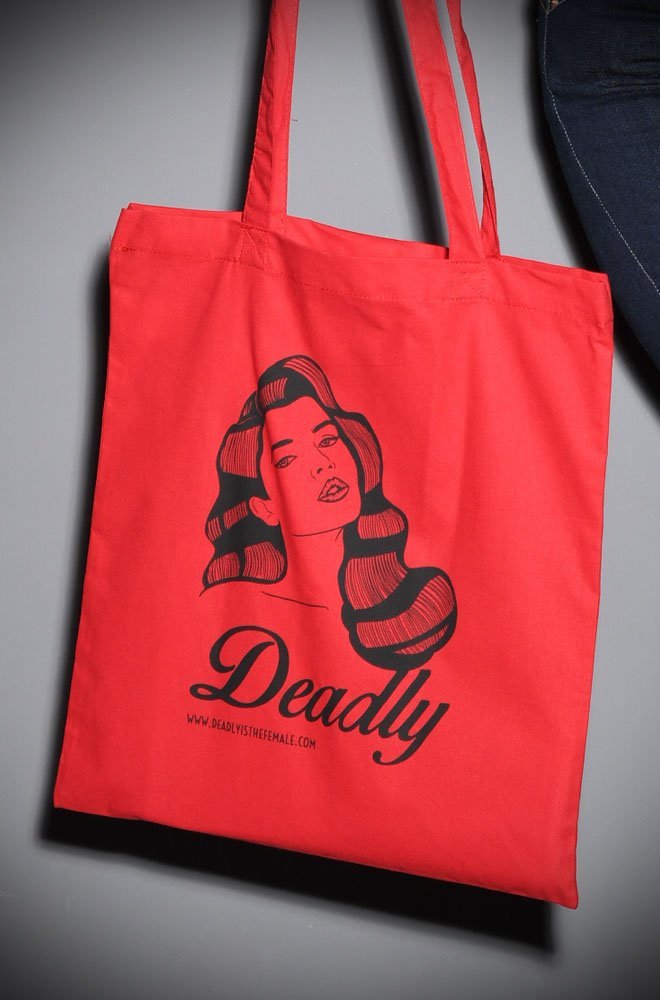 Deadly Tote Bag - a red cotton tote which is stylish & durable. Printed with an illustration of our very own Scarlett Luxe! Exclusive & Limited Edition.