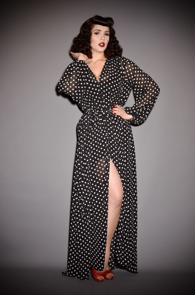 Black Polka Dot Claudia Maxi Dress, a 40s inspired dress in monochrome spotted georgette. A signature piece for the Alexandra King for Deadly is the Female.