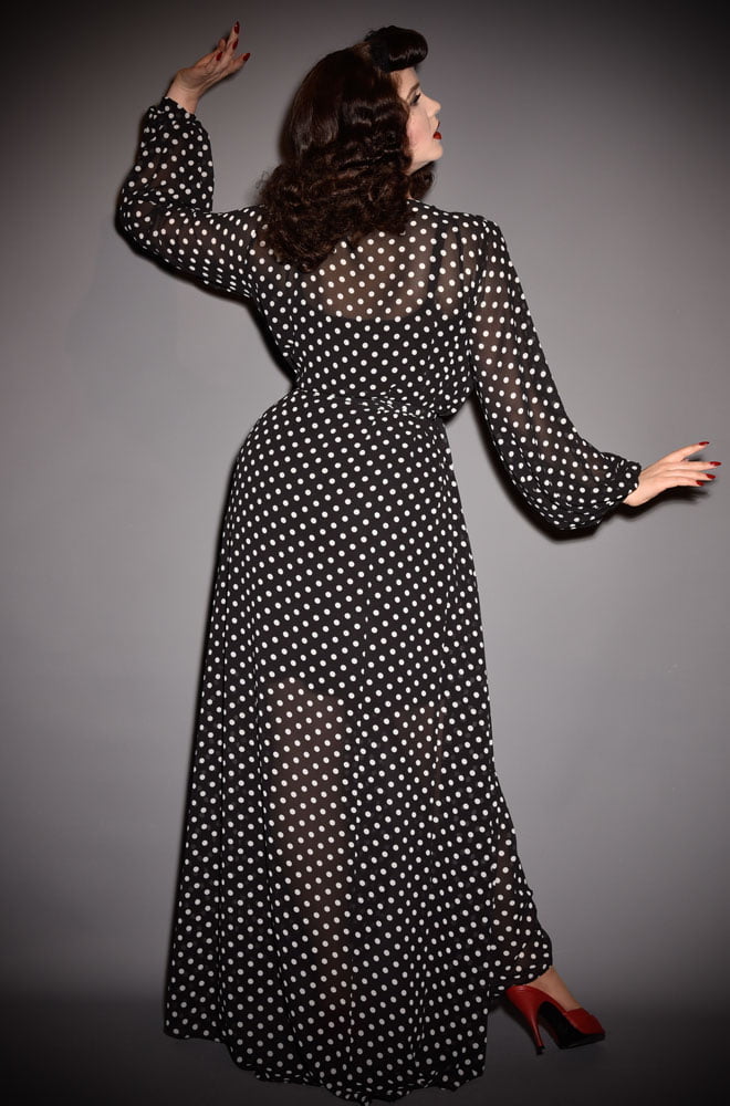 Black Polka Dot Claudia Maxi Dress, a 40s inspired dress in monochrome spotted georgette. A signature piece for the Alexandra King for Deadly is the Female.