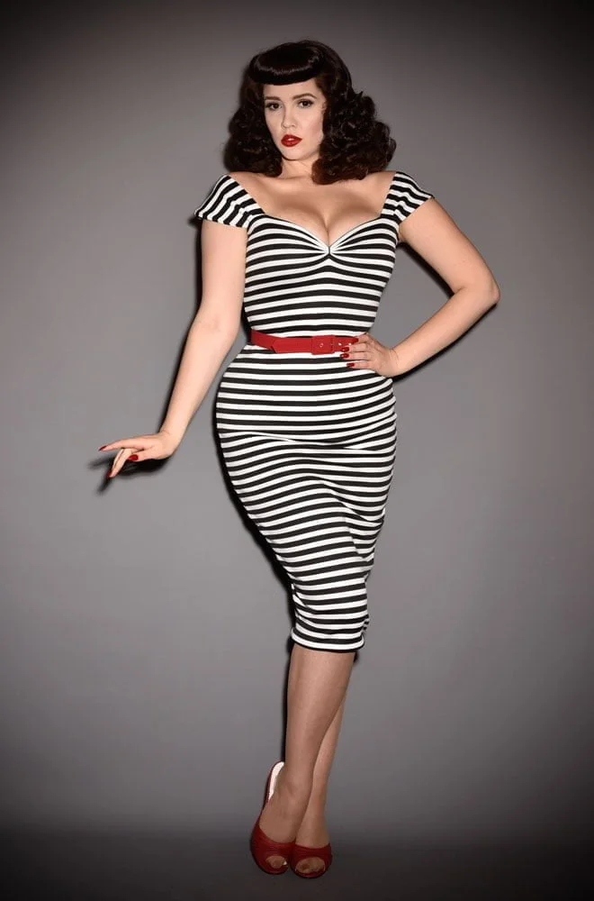 The Jailbird Dress is a timeless yet sassy wiggle dress in monochrome stripes. A signature piece for the Alexandra King for Deadly is the Female Collection.