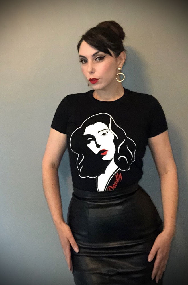 This sassy Claudia T-shirt features an illustration of Deadly's boss lady herself in pulp fiction, femme fatale style. Exclusive to Deadly is the Female.