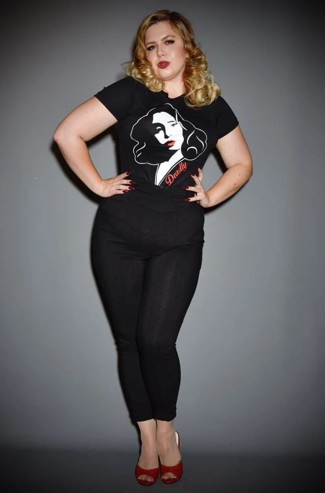 This sassy Claudia T-shirt features an illustration of Deadly's boss lady herself in pulp fiction, femme fatale style. Exclusive to Deadly is the Female.