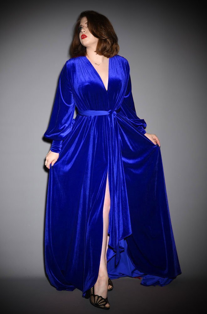 Blue Velvet Claudia Gown - a draped velvet evening dress with sash waist & bishop sleeves. A signature piece by Alexandra King for Deadly is the Female.