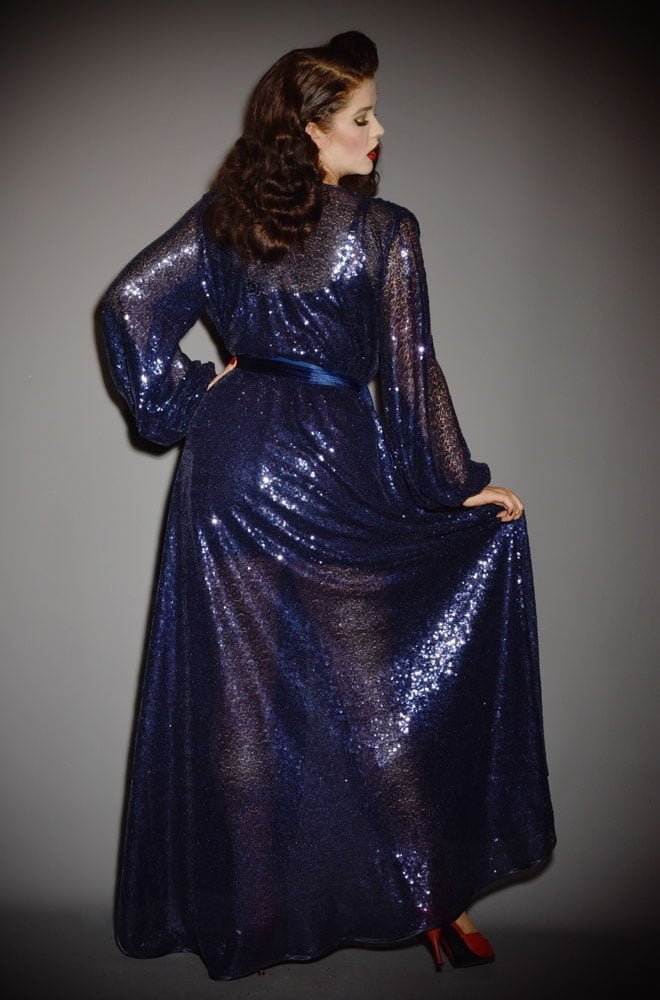 Navy Sequin Claudia Gown - a draped sequin evening dress with bishop sleeves. A signature piece by Alexandra King for Deadly is the Female.