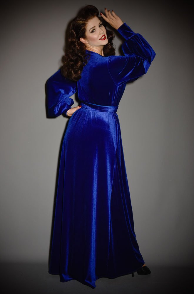 Blue Velvet Claudia Gown - a draped velvet evening dress with sash waist & bishop sleeves. A signature piece by Alexandra King for Deadly is the Female.