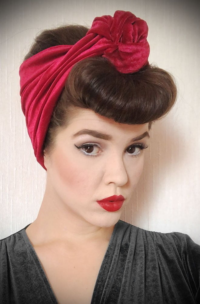 Red Velvet Turban Headband. A gorgeous accessory to give any outfit a classic vintage edge, by Alexandra King for Deadly is the Female. 
