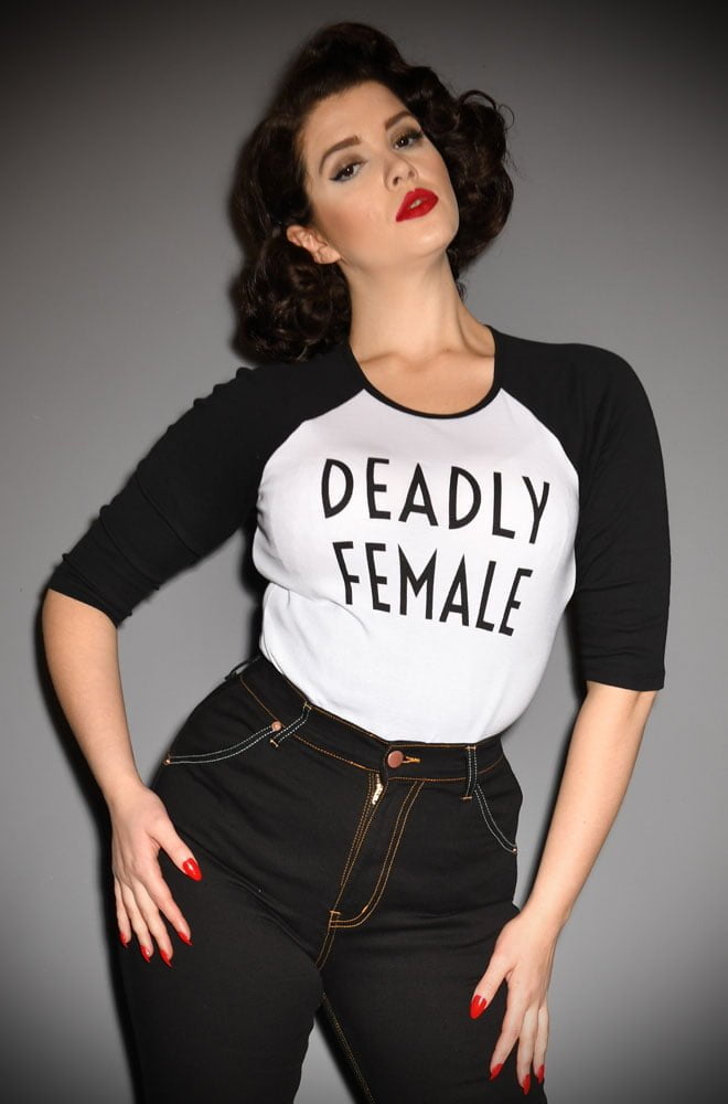Deadly Female Raglan T-Shirt - a high-quality black & white top. This t-shirt is bold and sassy as well as soft and stylish!