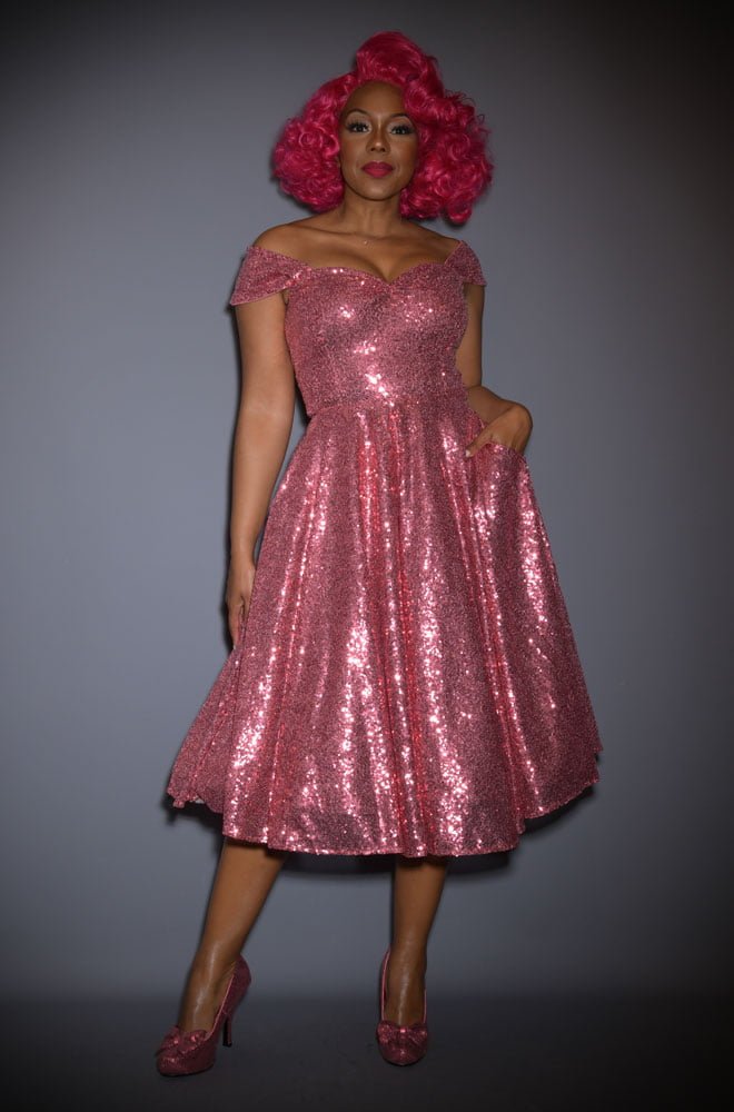 Pink Sequin Scarlett Swing Dress - sparkle in this stunning vintage-inspired swing dress. A signature piece by Alexandra King for Deadly