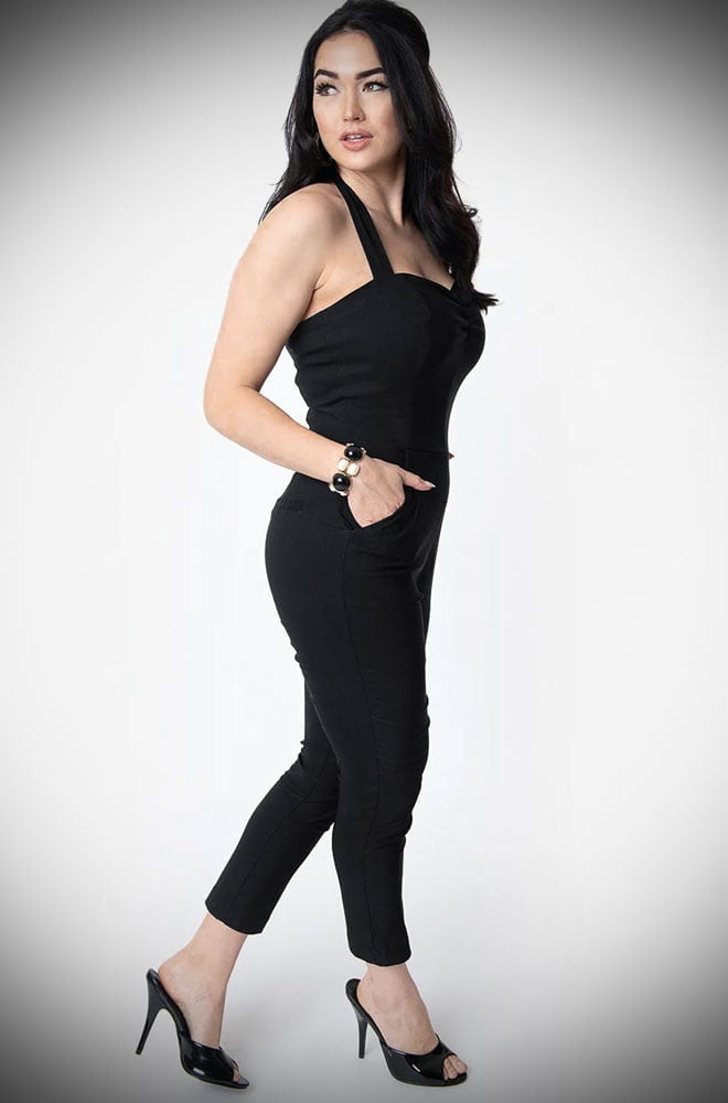 The Marcel Jumpsuit is effortlessly cool! This sassy black jumpsuit is ideal to dress up or down! UK stockists of Unique Vintage.