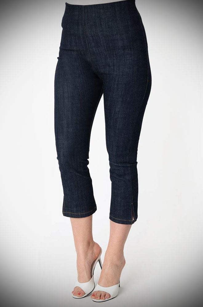 The Denim Blue Rachelle Capris are effortlessly cool! These cropped trousers are ideal to dress up or down! UK stockists of Unique Vintage.