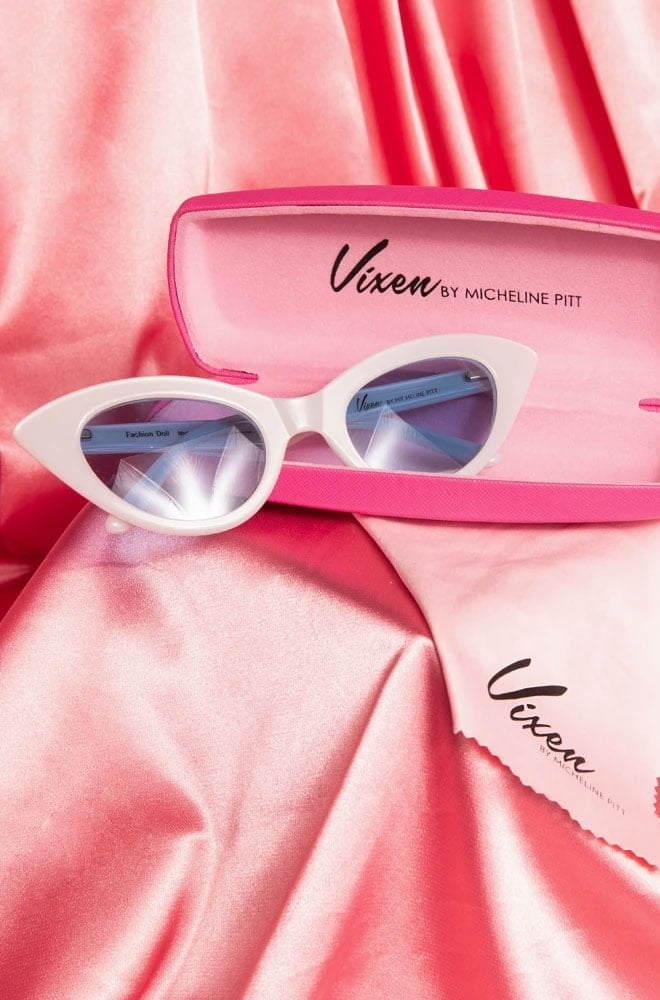 Vintage style White Fashion Doll Cat-Eye Sunglasses by Vixen at Micheline Pitt at Deadly. Effortlessly add some pinup glamour to your day!