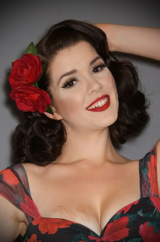 Red Double Rose Hair Flower - A classic red rose mounted on a hair clip with leaves. Perfect for pinups & vintage lovers.