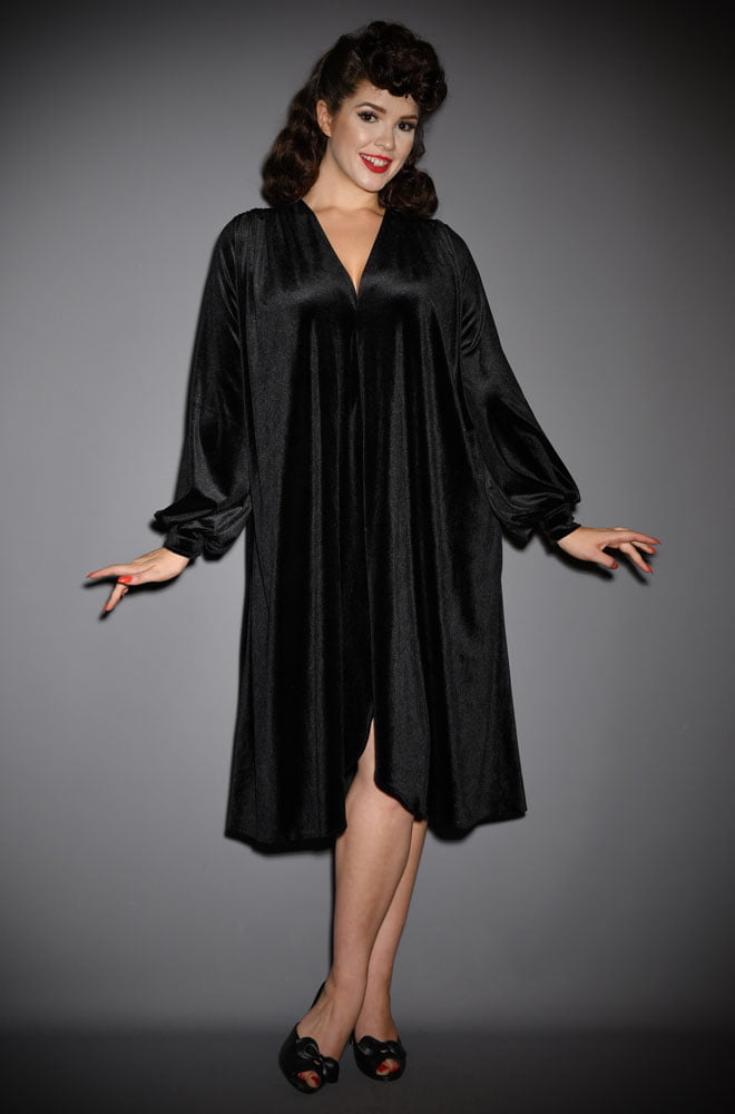 Black Velvet Claudia Dress - a draped jersey evening dress with sash waist & bishop sleeves. A signature piece by Alexandra King for Deadly is the Female.