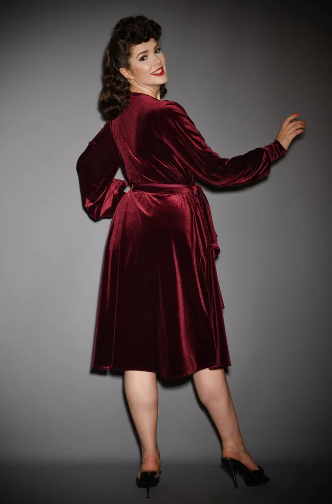 Claret Velvet Claudia Dress - draped jersey evening dress with sash waist & bishop sleeves by Alexandra King for Deadly is the Female.