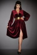 Claret Velvet Claudia Dress - draped jersey evening dress with sash waist & bishop sleeves by Alexandra King for Deadly is the Female.