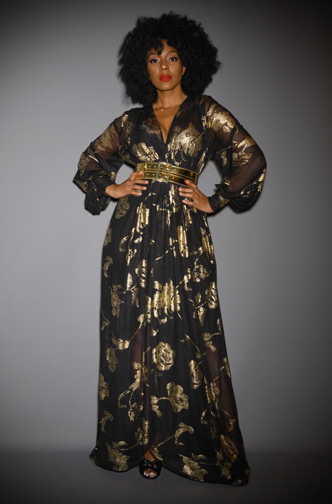 Gold Floral Claudia Gown -a one size vintage-style draped dress with sash waist. A signature piece by Alexandra King for Deadly is the Female