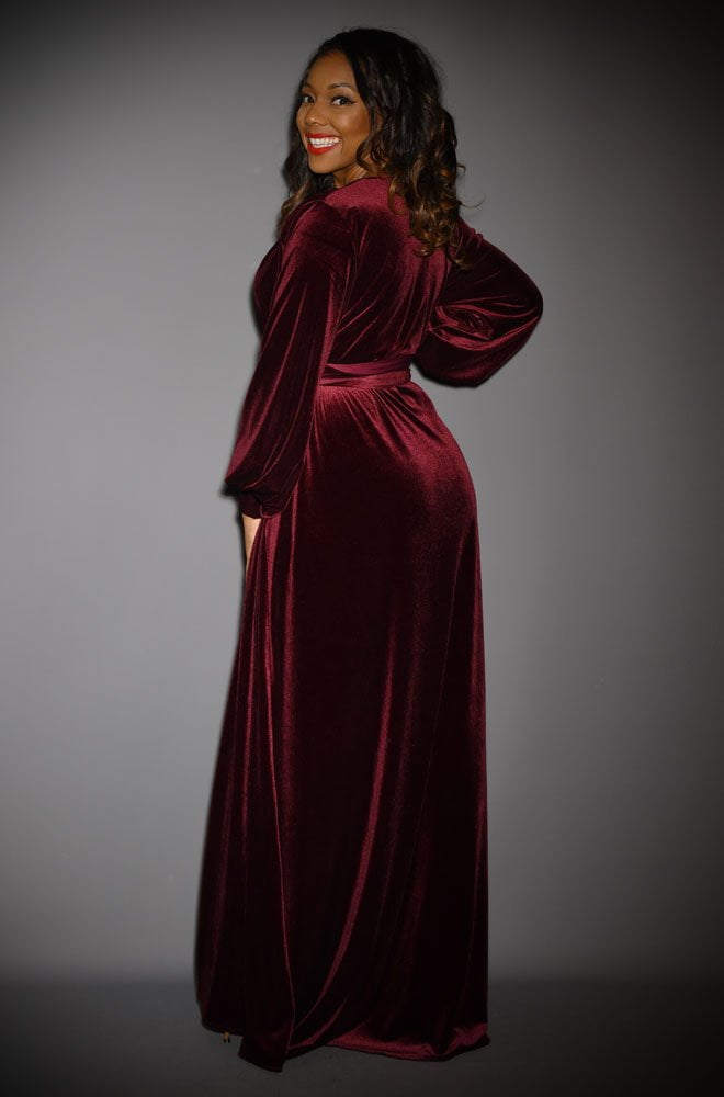 Claret Velvet Claudia Gown - draped velvet evening dress with sash waist & bishop sleeves by Alexandra King for Deadly is the Female.