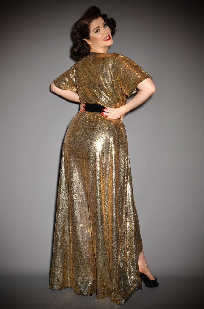 Gold Sequin Claudia Gown - vintage-style evening dress with velvet sash waist & flutter sleeves. By Alexandra King for Deadly is the Female