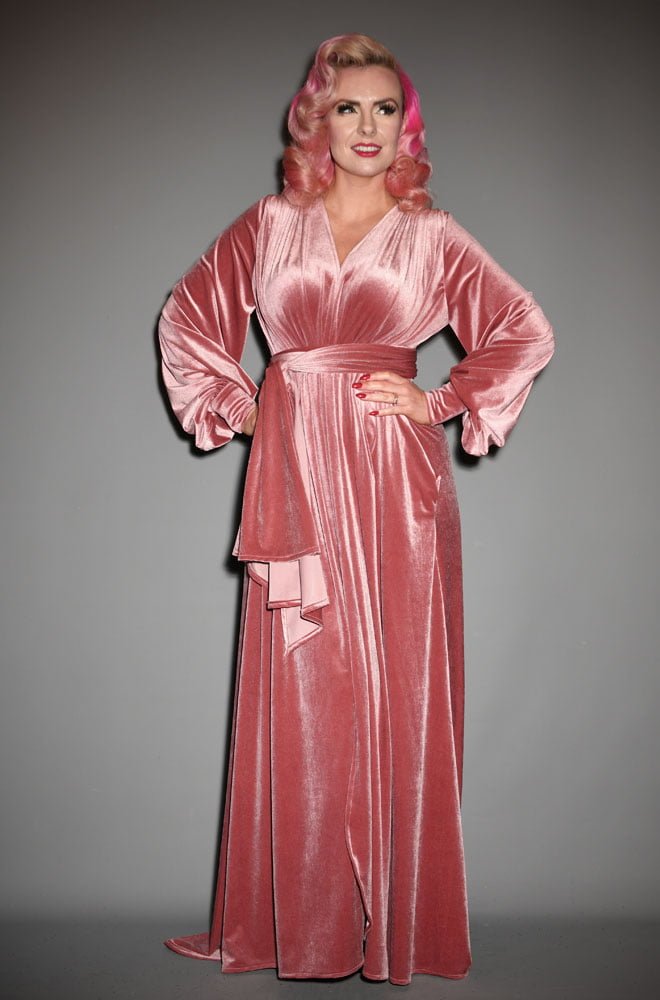 Dusky Pink Velvet Claudia Gown - an evening dress with a sash waist. A signature piece by Alexandra King for Deadly is the Female.