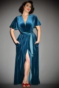 Teal Velvet Claudia Flutter Gown - an evening dress with a sash waist. A signature piece by Alexandra King for Deadly is the Female.