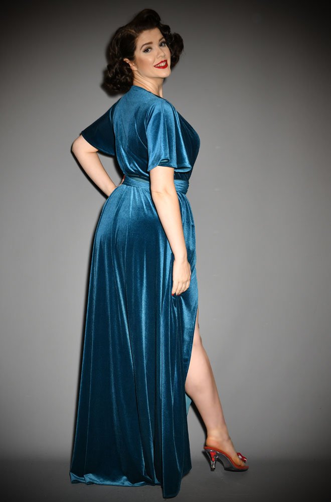 Teal Velvet Claudia Flutter Gown - an evening dress with a sash waist. A signature piece by Alexandra King for Deadly is the Female.