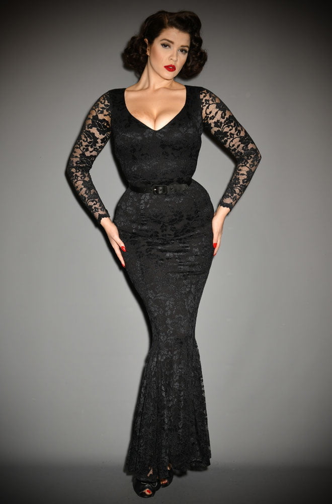The Black Marilyn Gown in Lace is a knockout velvet evening dress. Deadly is the Female are official UK stockists of La Femme En Noir.