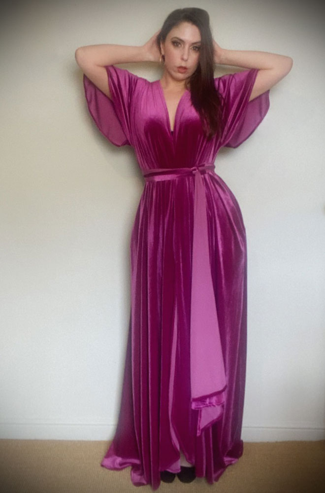 Magenta Velvet Claudia Flutter Gown - an evening dress with a sash waist. A signature piece by Alexandra King for Deadly is the Female.